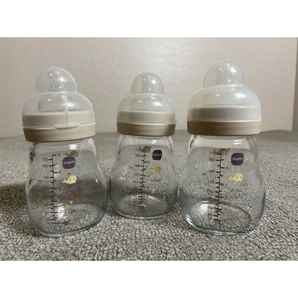 Mam Set of (3) 6 Oz Glass Bottles with Sz 1 Nipples- New Without Box